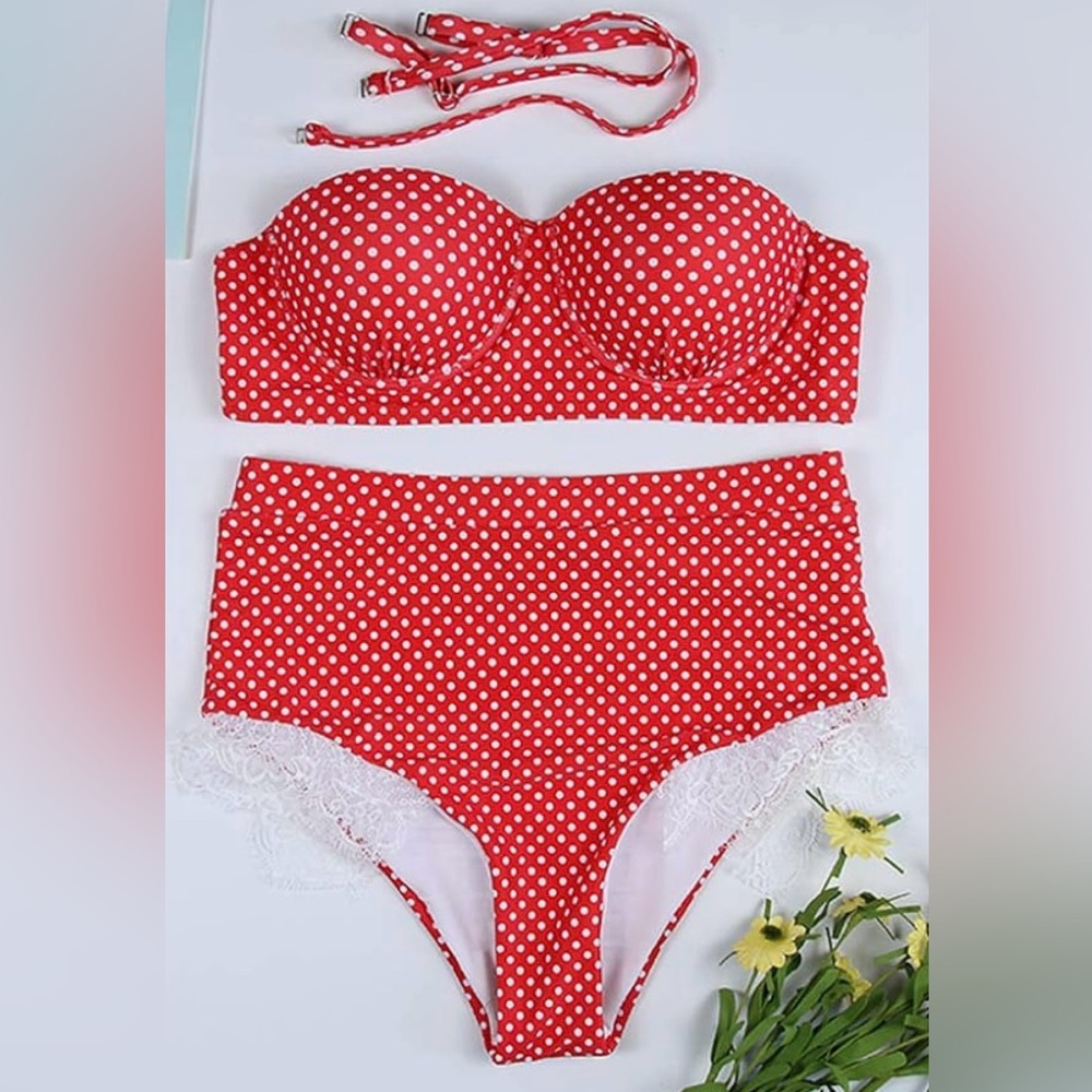 Choies Vintage Style Red Polka Dot High Waisted Bikini Set Retro Pin Up S
